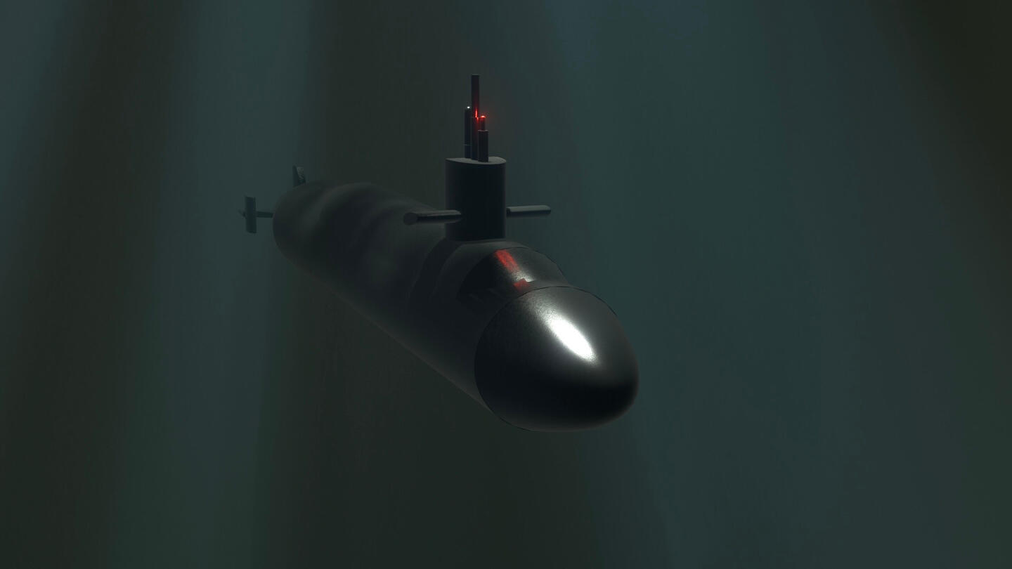 A 3d rendering of an Ohio class submarine in deep seas.