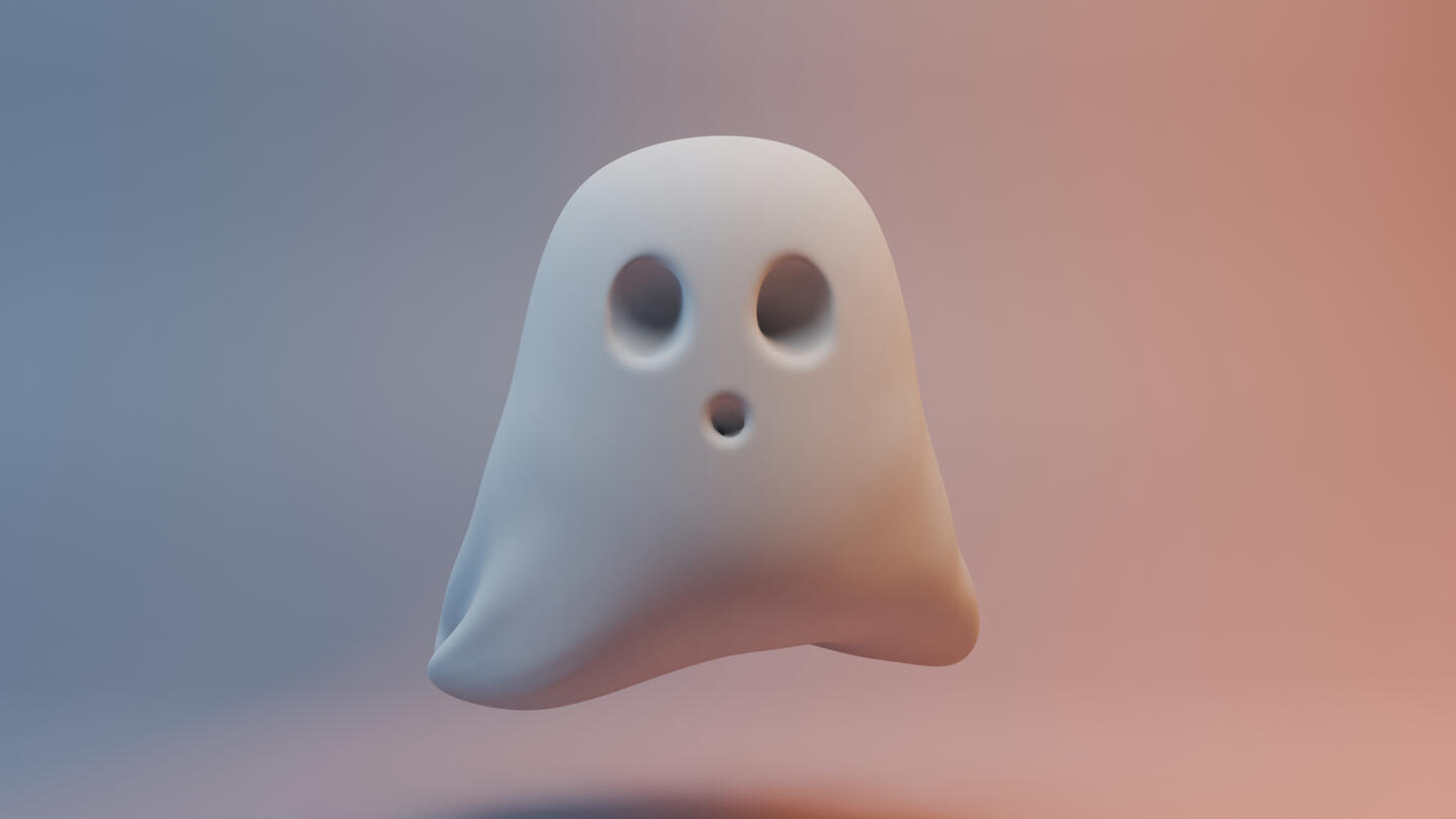 A 3d rendering of a ghost floating in a white room with paste colors.
